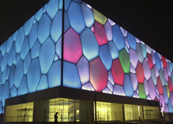 futuristic LED-lit bubbles of the Water Cube
